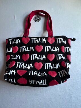 ROBIN RUTH black tote "ITALIA" and red glitter hearts print souvenir bag